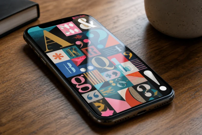 Smartphone affichant des symboles typographiques stylisés pour personnaliser Instagram