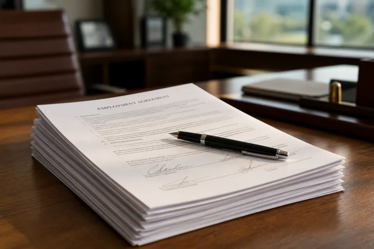 Documents contractuels et stylo sur un bureau, symbolisant le transfert de contrat de travail