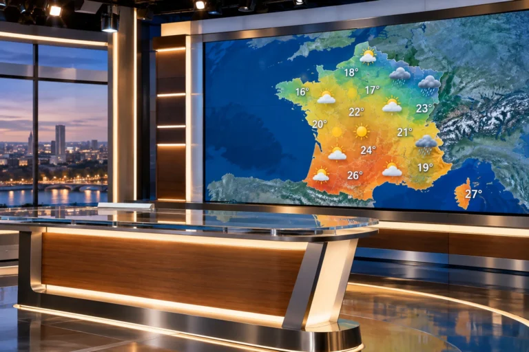Plateau de télévision avec écran de carte météo de la France et pupitre de présentation vide