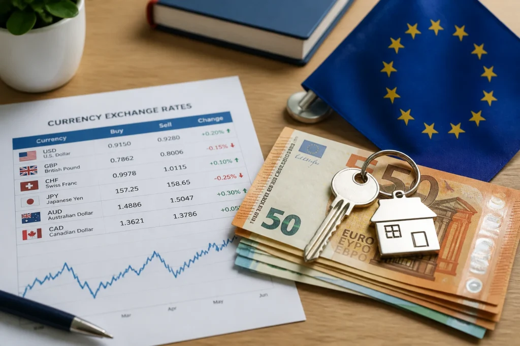 Clé de maison posée sur des billets en euros avec un drapeau européen, symbolisant le prêt immobilier via une banque étrangère