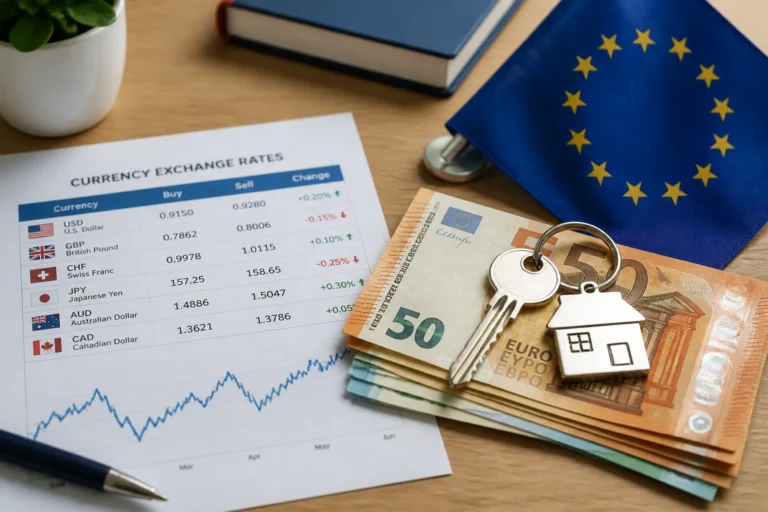 Clé de maison posée sur des billets en euros avec un drapeau européen, symbolisant le prêt immobilier via une banque étrangère
