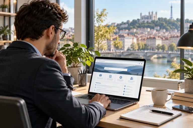 Professionnel devant un ordinateur portable consultant un portail d'assistance client dans un bureau lumineux