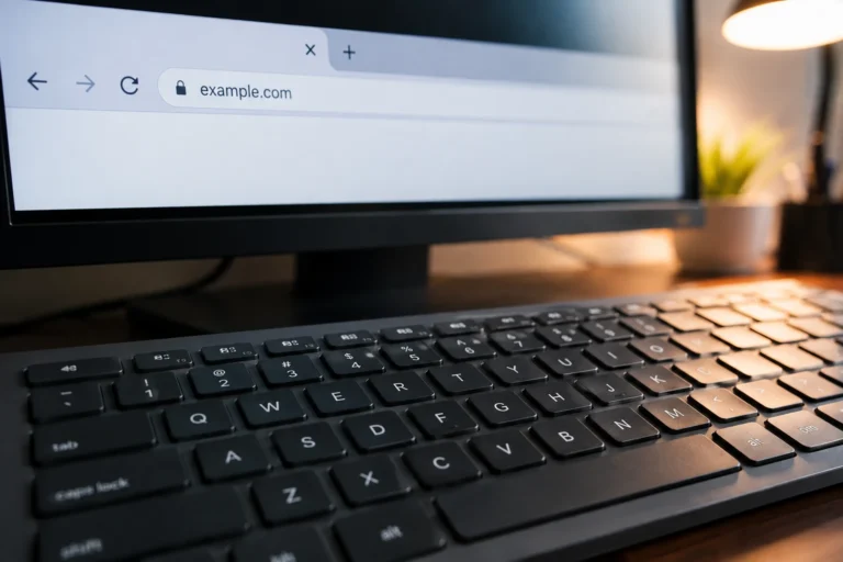 Barre d'adresse de navigateur affichant une extension de domaine sur fond de clavier d'ordinateur