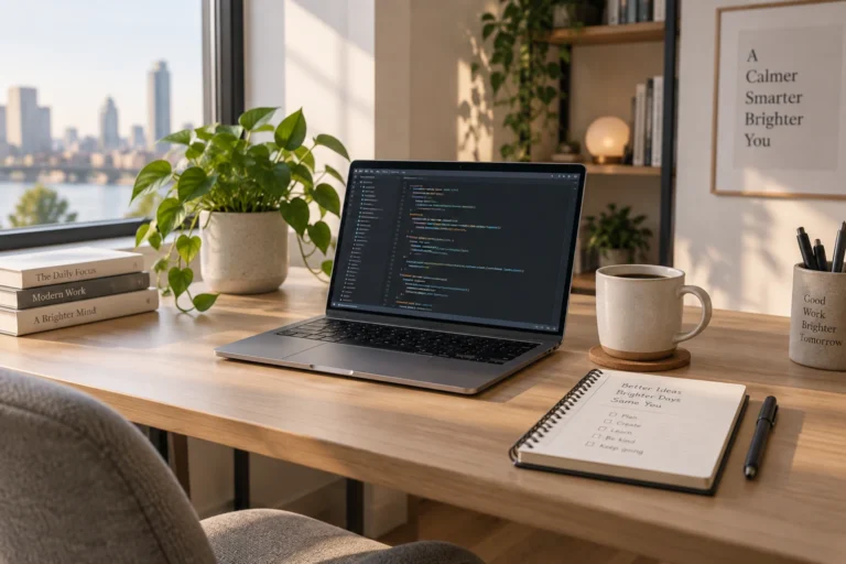 Bureau moderne avec ordinateur portable symbolisant l'apprentissage du développement web
