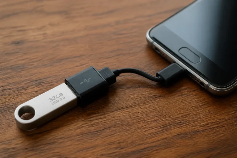 Clé USB reliée à un smartphone via un adaptateur OTG sur un bureau