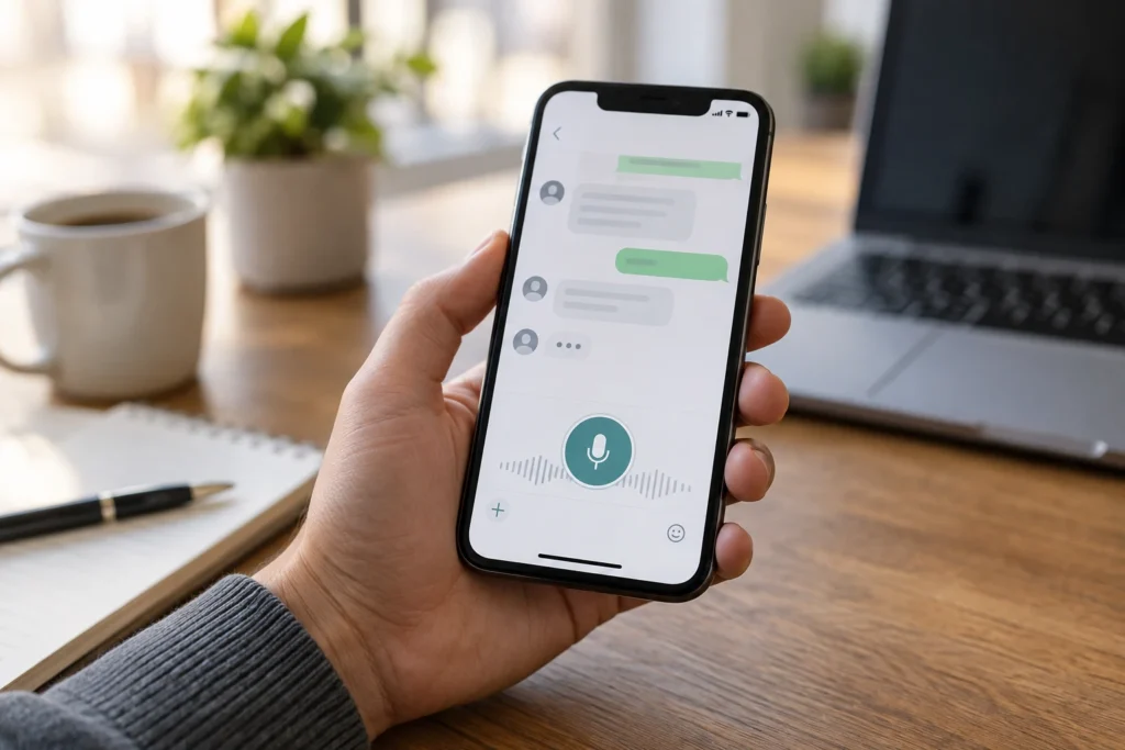 Main tenant un smartphone en train d'enregistrer un message vocal sur une application de messagerie