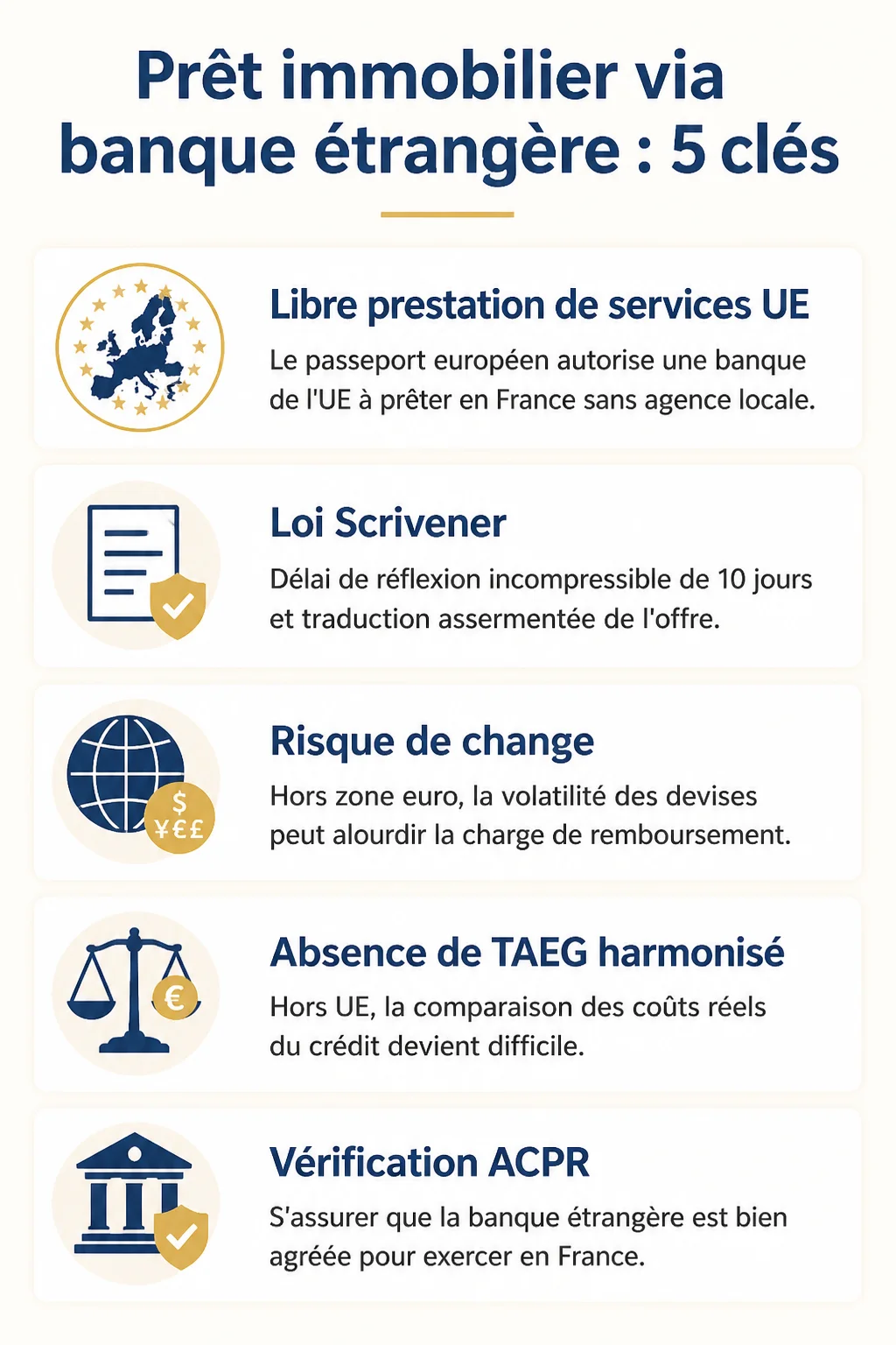 Prêt immobilier via banque étrangère : 5 clés : Libre prestation de services UE, Loi Scrivener, Risque de change, Absence de TAEG harmonisé, Vérification ACPR