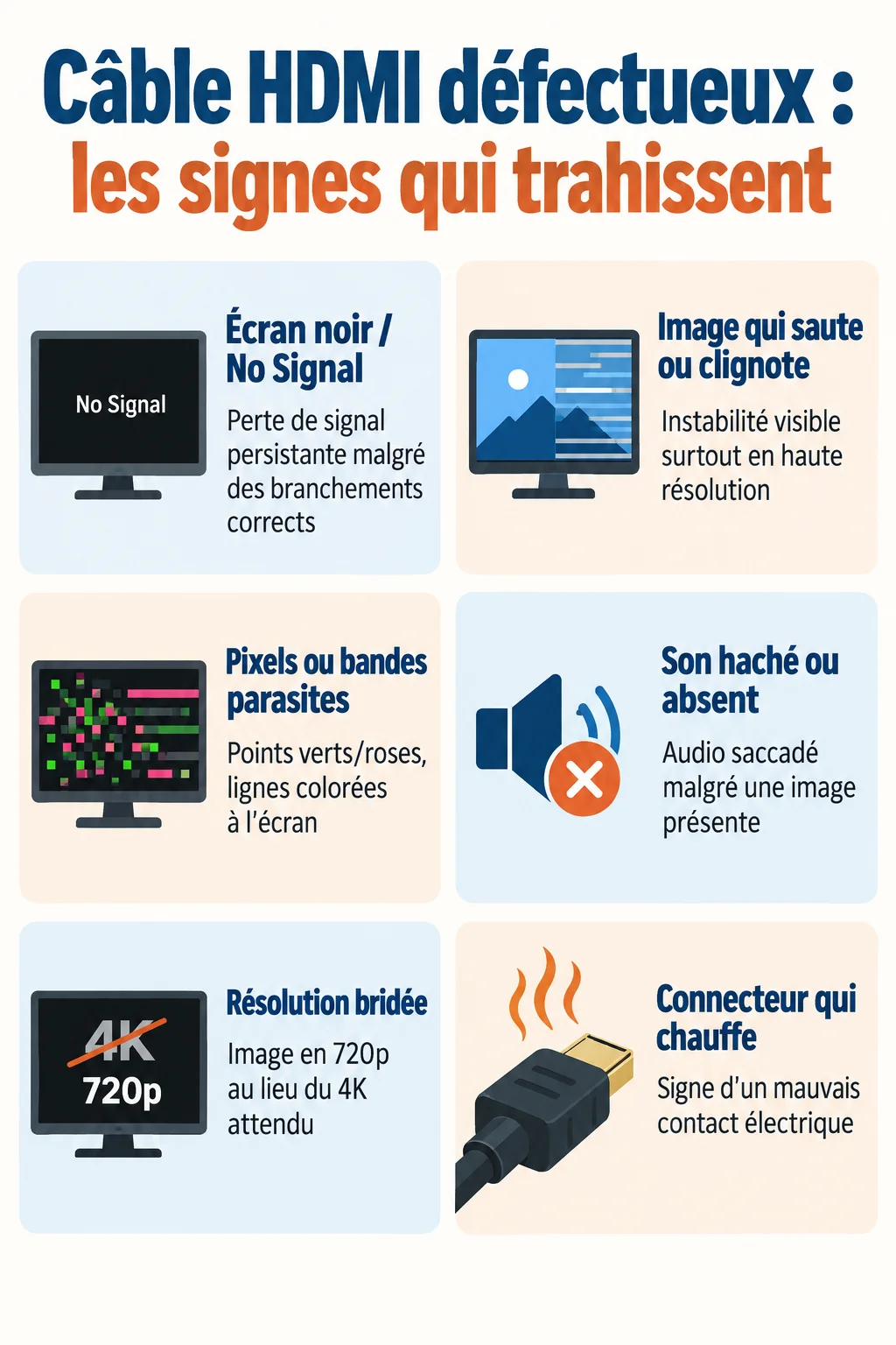 Câble HDMI défectueux : les signes qui trahissent : Écran noir / No Signal, Image qui saute ou clignote, Pixels ou bandes parasites, Son haché ou absent, Résolution bridée, Connecteur qui chauffe