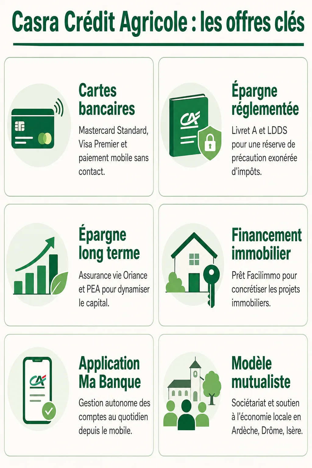 Casra Crédit Agricole : les offres clés : Cartes bancaires, Épargne réglementée, Épargne long terme, Financement immobilier, Application Ma Banque, Modèle mutualiste