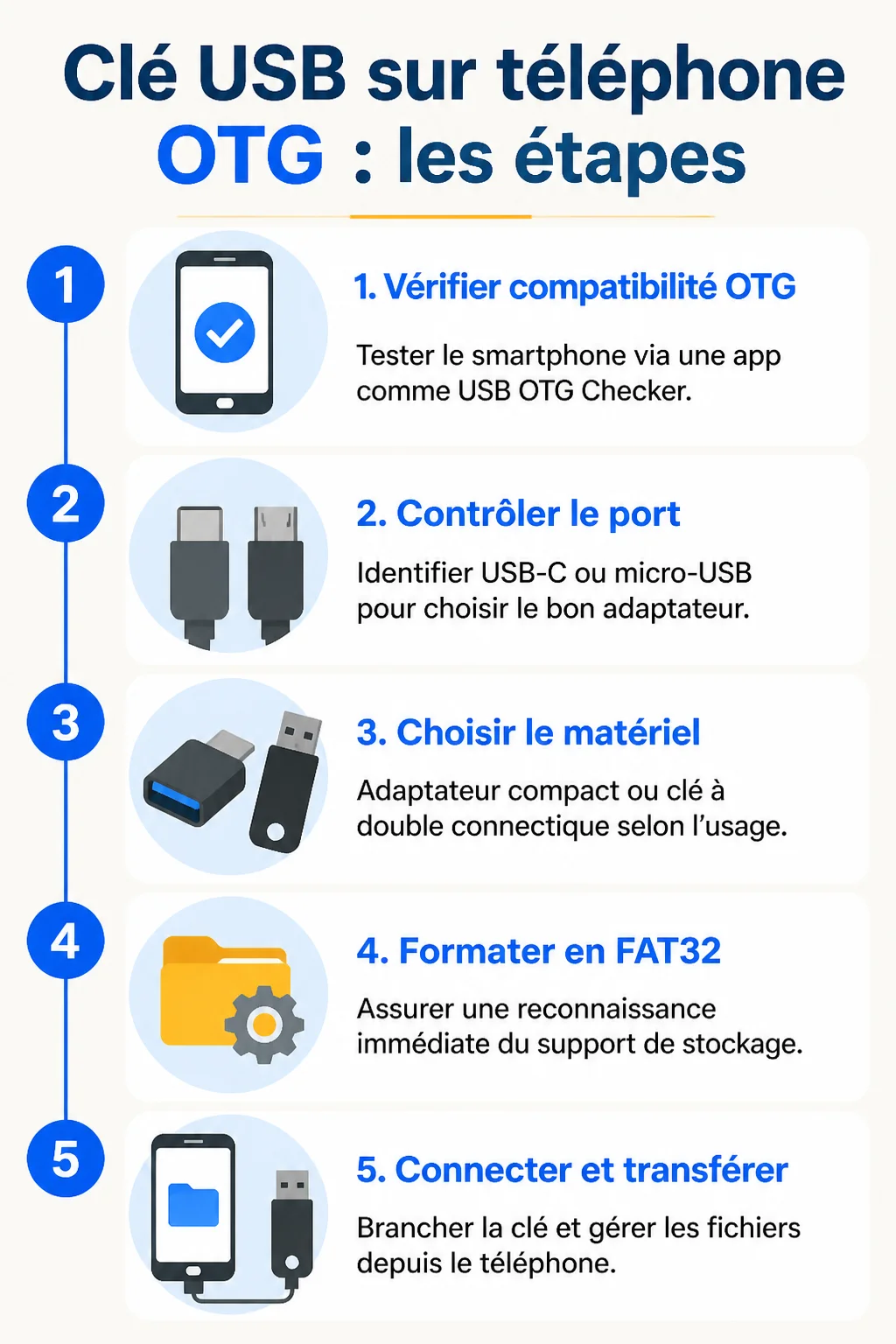 Clé USB sur téléphone OTG : les étapes : 1. Vérifier compatibilité OTG, 2. Contrôler le port, 3. Choisir le matériel, 4. Formater en FAT32, 5. Connecter et transférer