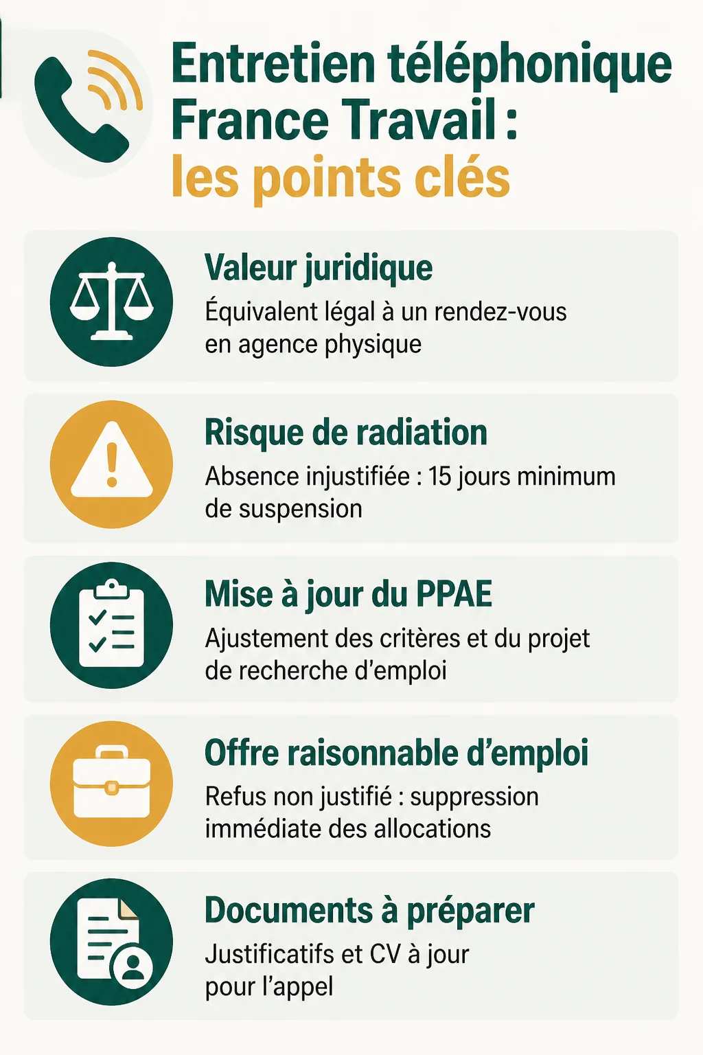 Entretien téléphonique France Travail : les points clés : Valeur juridique, Risque de radiation, Mise à jour du PPAE, Offre raisonnable d'emploi, Documents à préparer