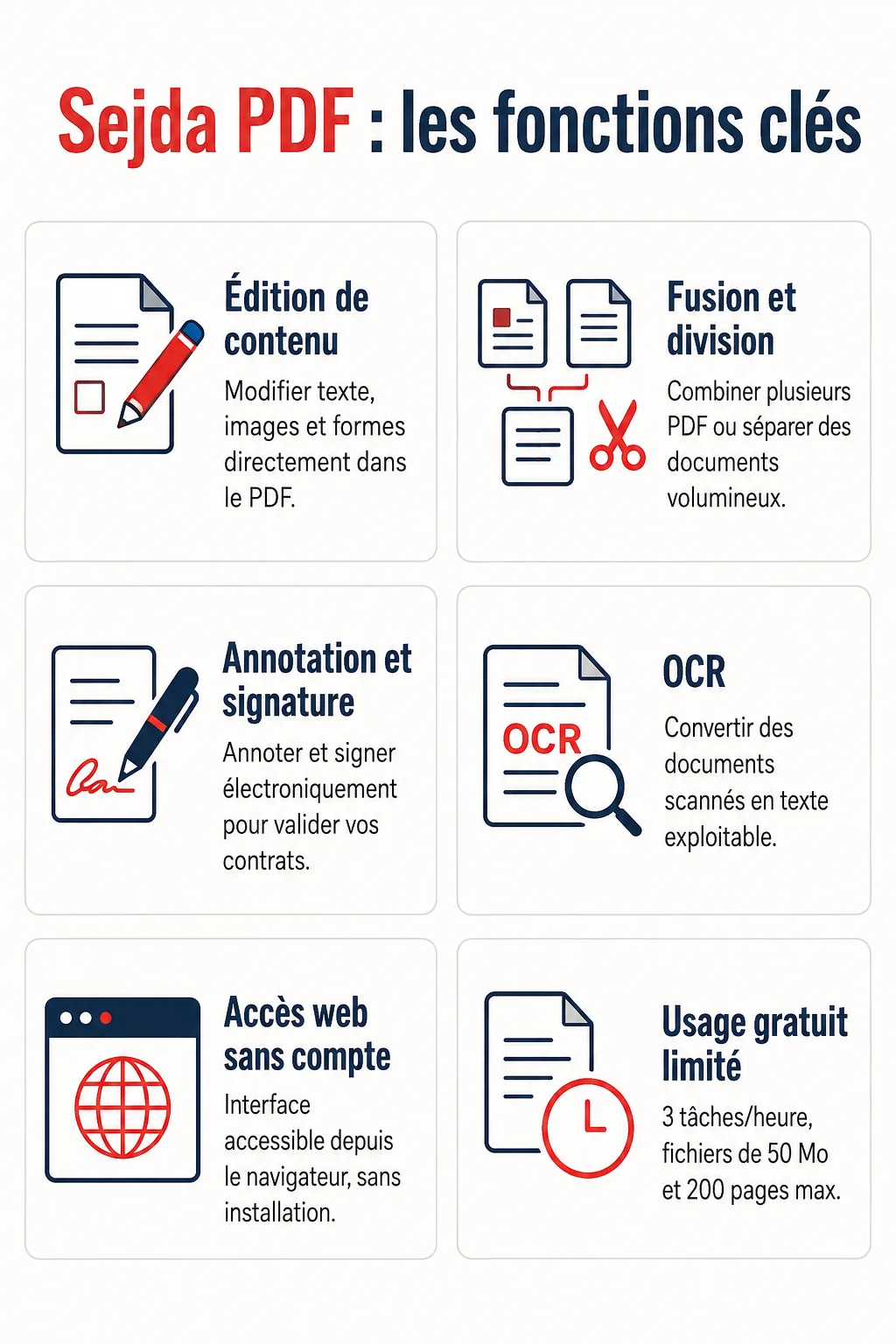 Sejda PDF : les fonctions clés : Édition de contenu, Fusion et division, Annotation et signature, OCR, Accès web sans compte, Usage gratuit limité