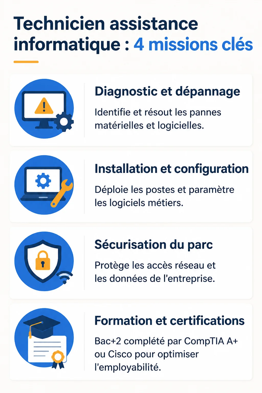 Technicien assistance informatique : 4 missions clés : Diagnostic et dépannage, Installation et configuration, Sécurisation du parc, Formation et certifications