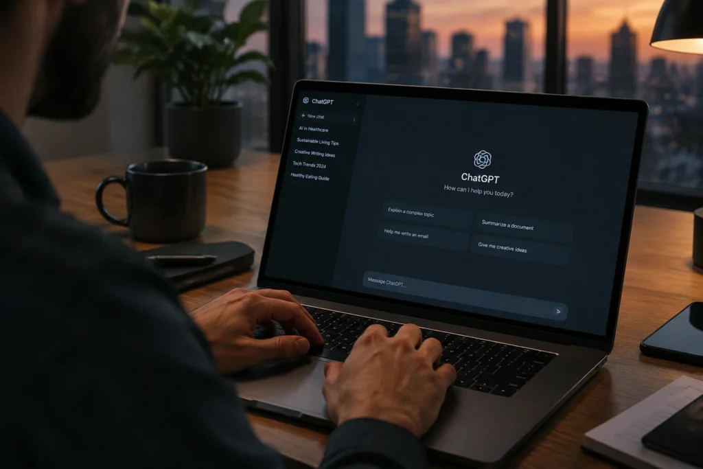 Homme utilisant ChatGPT sur un ordinateur portable dans un bureau le soir