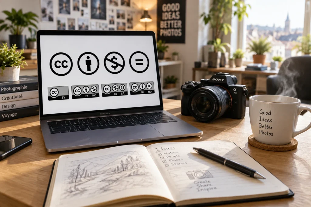 Bureau de créateur avec ordinateur affichant des logos Creative Commons et appareil photo
