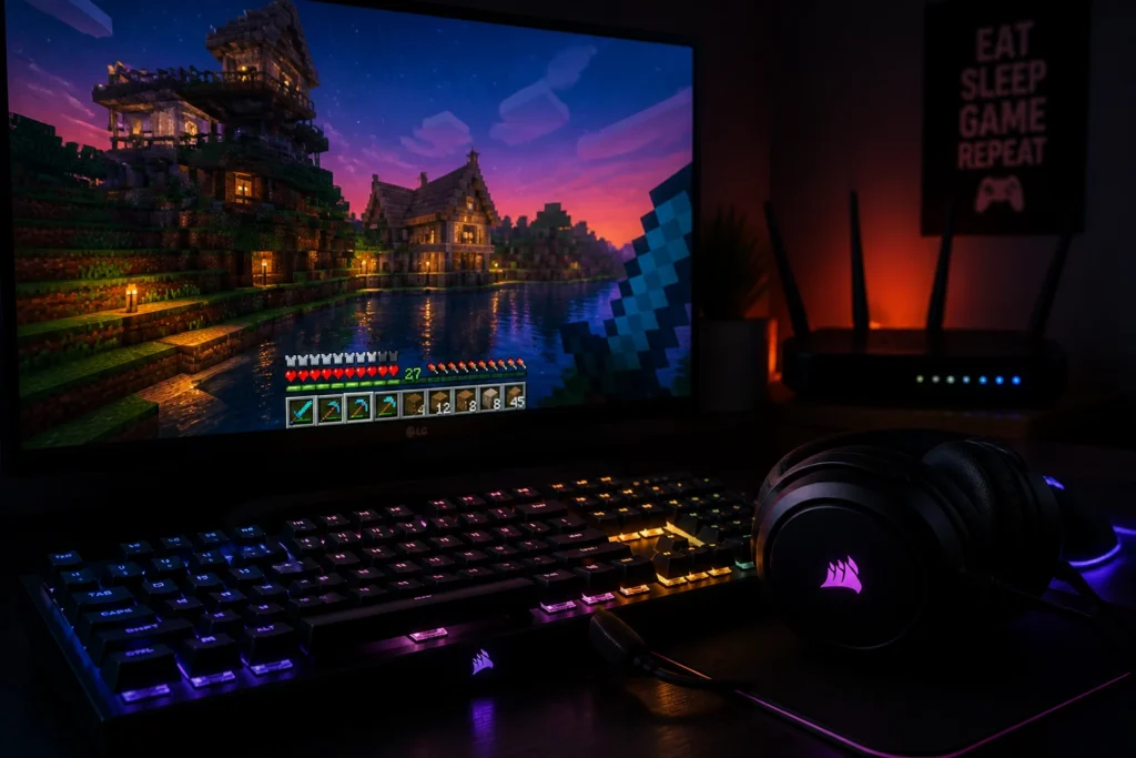 Configuration gaming avec écran lumineux évoquant un univers blocky et matériel de jeu en pénombre