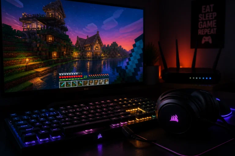 Configuration gaming avec écran lumineux évoquant un univers blocky et matériel de jeu en pénombre