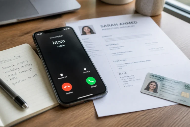 Smartphone affichant un appel entrant posé à côté d'un CV et de documents administratifs