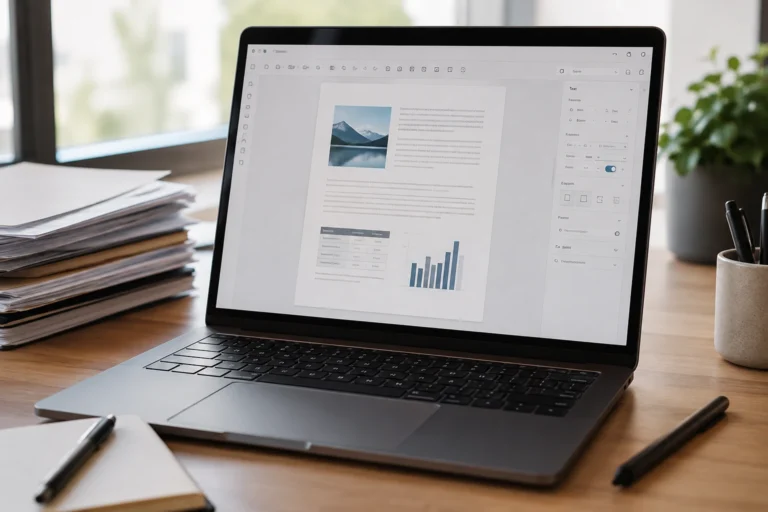 Édition de documents PDF sur ordinateur portable dans un environnement de bureau moderne