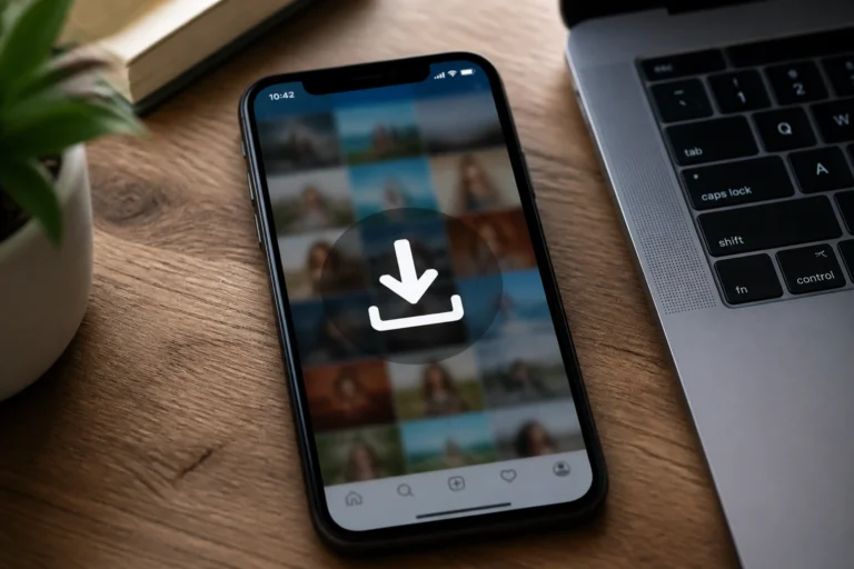Smartphone affichant une icône de téléchargement au-dessus d'une interface de réseau social floutée