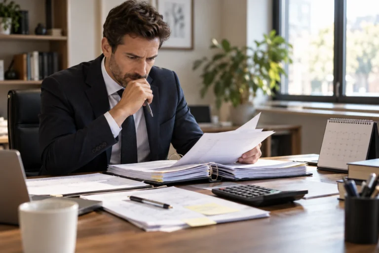 Salarié étudiant un dossier juridique avant de saisir le conseil de prud'hommes
