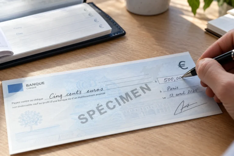 Main remplissant un chèque bancaire avec un stylo noir sur un bureau, chéquier ouvert à côté