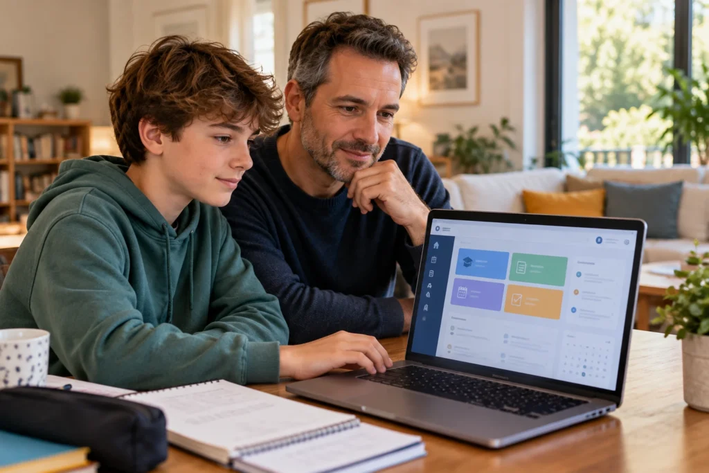 Un parent et son enfant se connectent à l'ENT scolaire sur un ordinateur portable à la maison