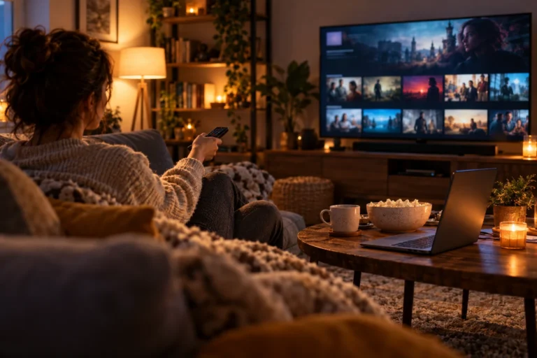 Personne sur un canapé choisissant une série en streaming légal devant sa télévision