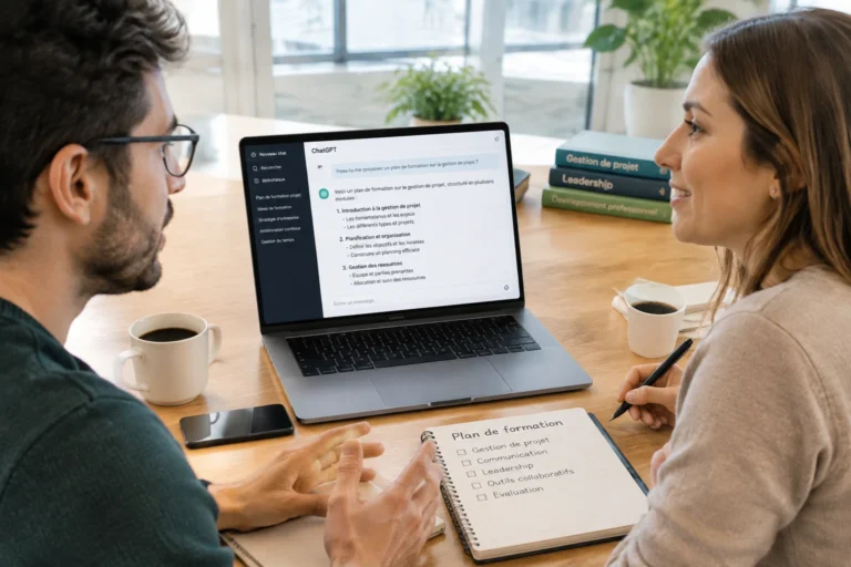 Deux collègues préparent une formation ChatGPT devant un ordinateur portable dans un bureau lumineux
