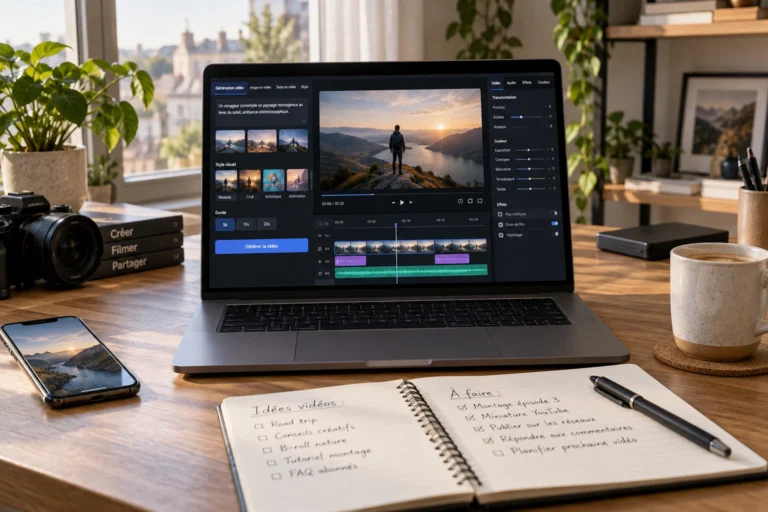 Bureau de créateur avec un ordinateur affichant un générateur de vidéos par intelligence artificielle