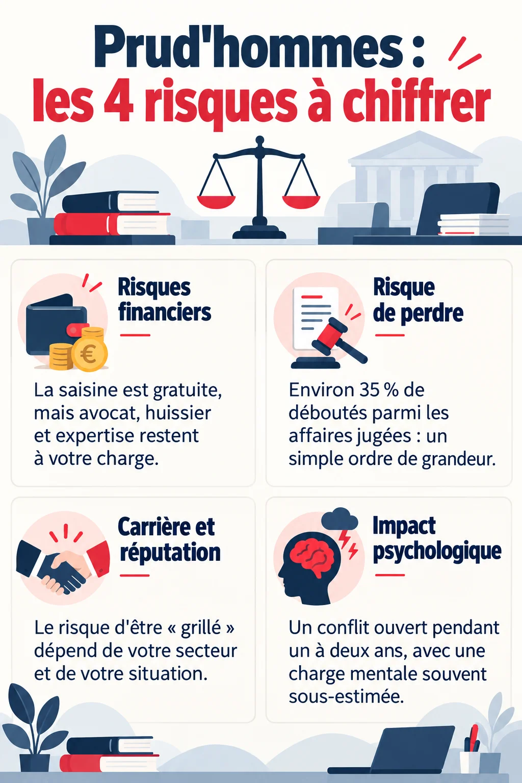Prud'hommes : les 4 risques à chiffrer : Risques financiers, Risque de perdre, Carrière et réputation, Impact psychologique
