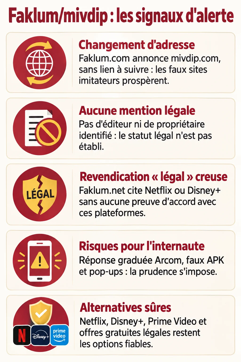 Faklum/mivdip : les signaux d'alerte : Changement d'adresse, Aucune mention légale, Revendication « légal » creuse, Risques pour l'internaute, Alternatives sûres