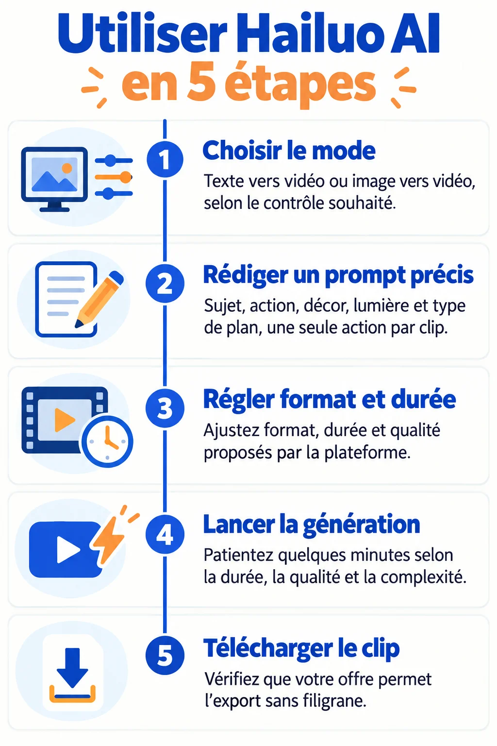 Utiliser Hailuo AI en 5 étapes : 1. Choisir le mode, 2. Rédiger un prompt précis, 3. Régler format et durée, 4. Lancer la génération, 5. Télécharger le clip