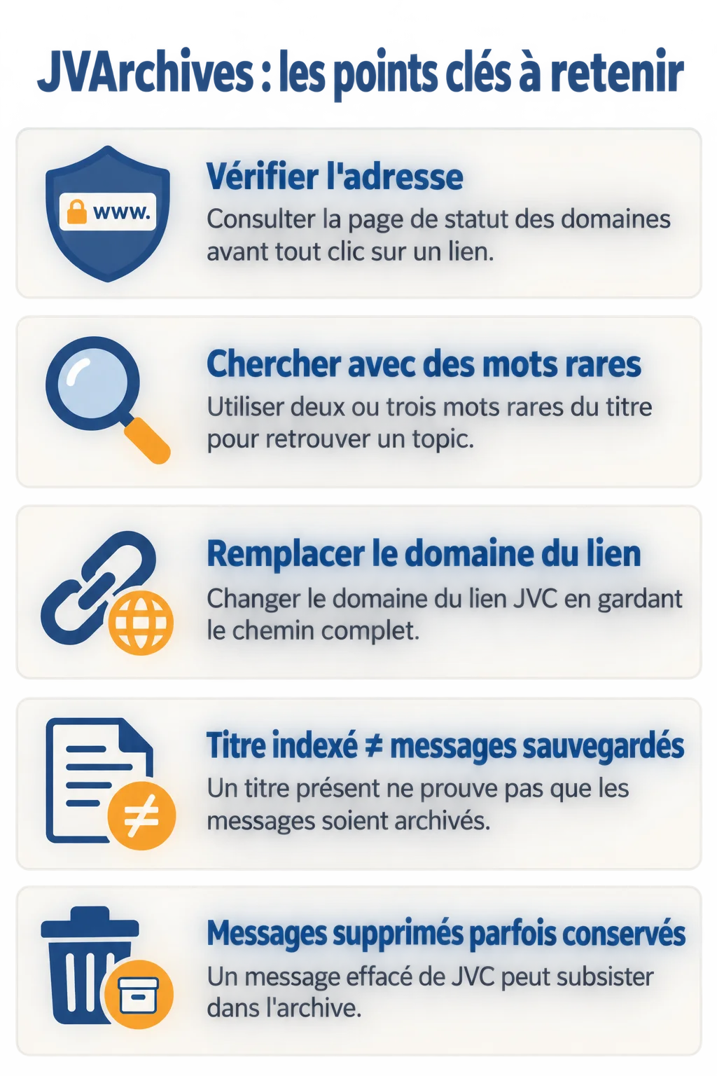 JVArchives : les points clés à retenir : Vérifier l'adresse, Chercher avec des mots rares, Remplacer le domaine du lien, Titre indexé ≠ messages sauvegardés, Messages supprimés parfois conservés