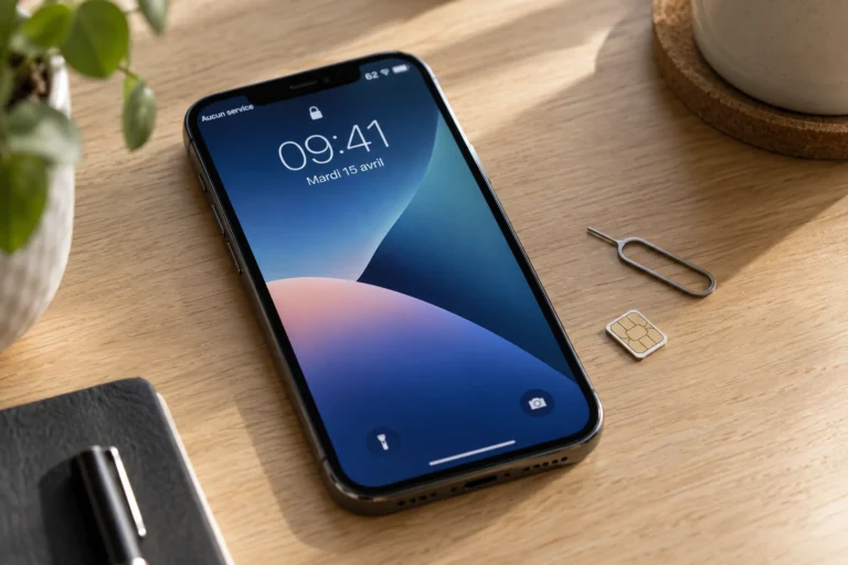iPhone affichant Aucun service posé sur un bureau avec une carte SIM et un outil d'éjection