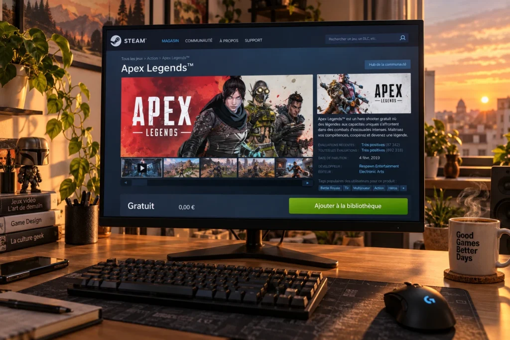 Écran d'ordinateur affichant la bibliothèque Steam avec un jeu offert à 0 euro sur un bureau