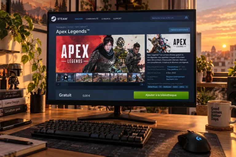 Écran d'ordinateur affichant la bibliothèque Steam avec un jeu offert à 0 euro sur un bureau