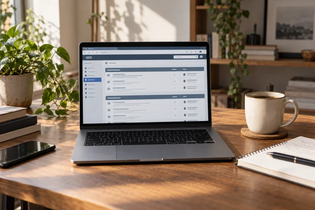 Ordinateur portable affichant une archive de forums posé sur un bureau avec un carnet de notes